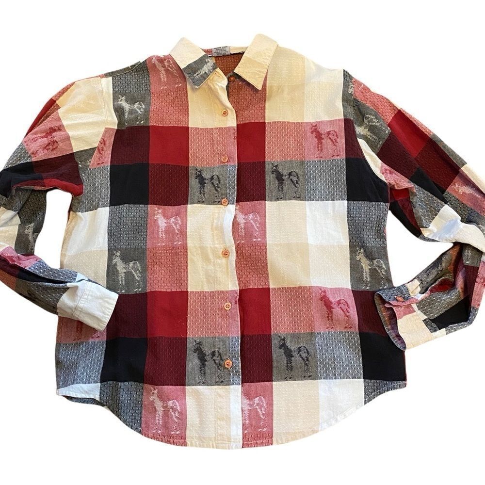VINTAGE 90’s Adobe Rose Western Horse Print Cotton Button Down L